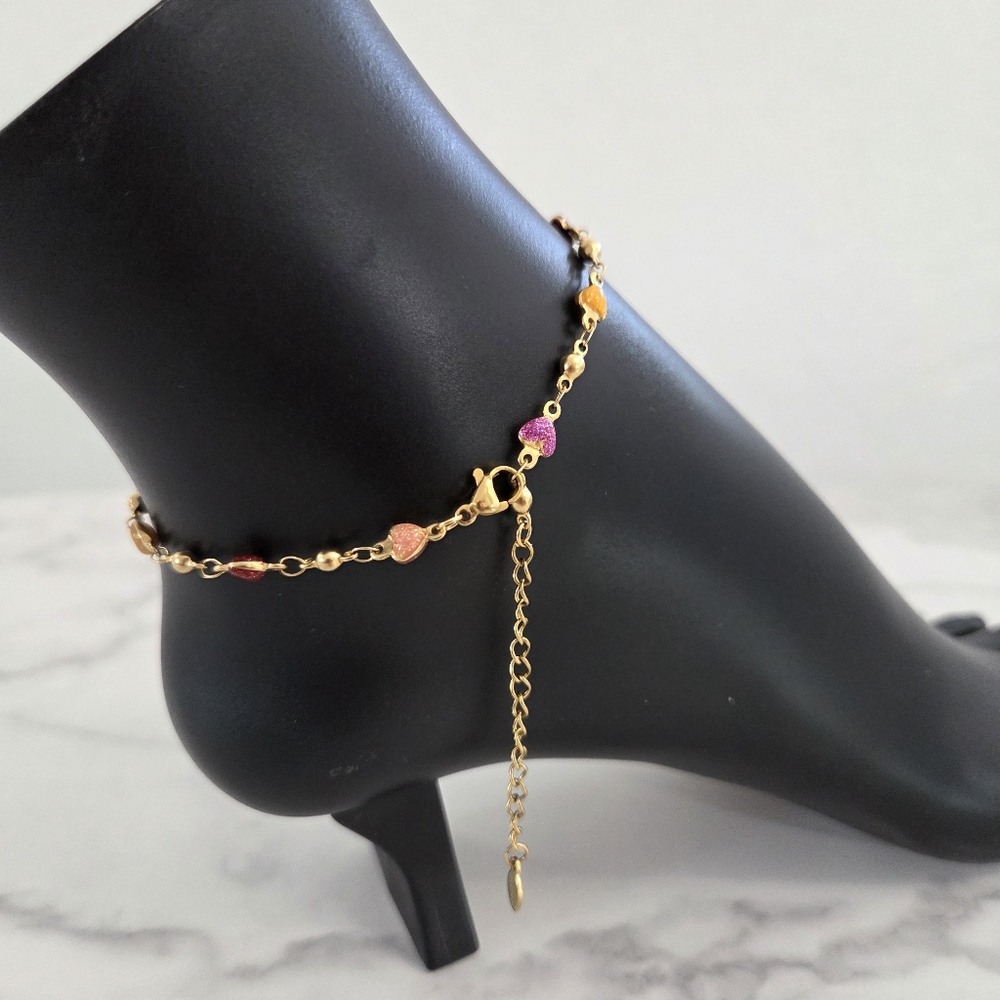 Adjustable 18k Gold Plated Anklet with Colorful Heart Charms - Picture 7 of 12